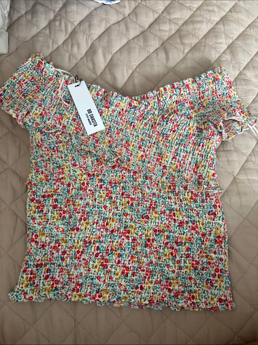 BB Dakota by Steve Madden Multicolor Floral Smocked Off-Shoulder Crop Top